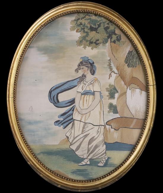 A Regency silkwork panel of a woman on the seashore, representing hope, 13 x 17.5in.